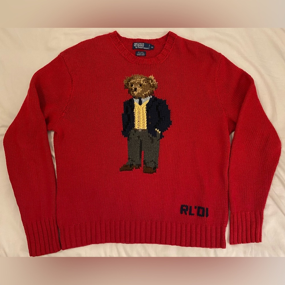 Vintage 2001 Polo Ralph Lauren Executive Bear Hand Knit Sweater XL Kanye West